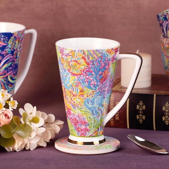 NWT Set of 2 Tall Floral Porcelain Coffee Mugs | 16.9 oz | Gold Base | Gift Box - Picture 6 of 12